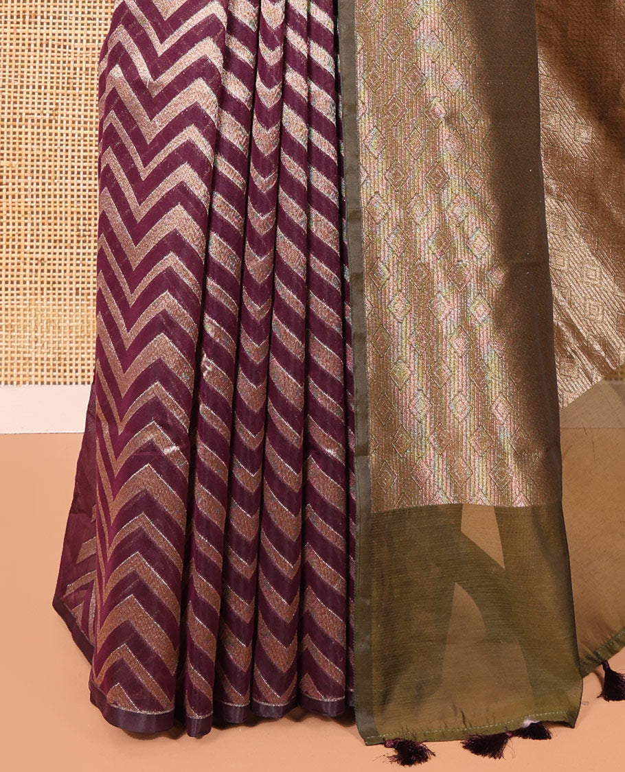 Borderless Purple Chanderi Cotton Saree, Elevated with Chevron Zari Stripes on Its Body, Complemented by Contrast Intricate Jaal Pallu, and Paired with Contrast Blouse