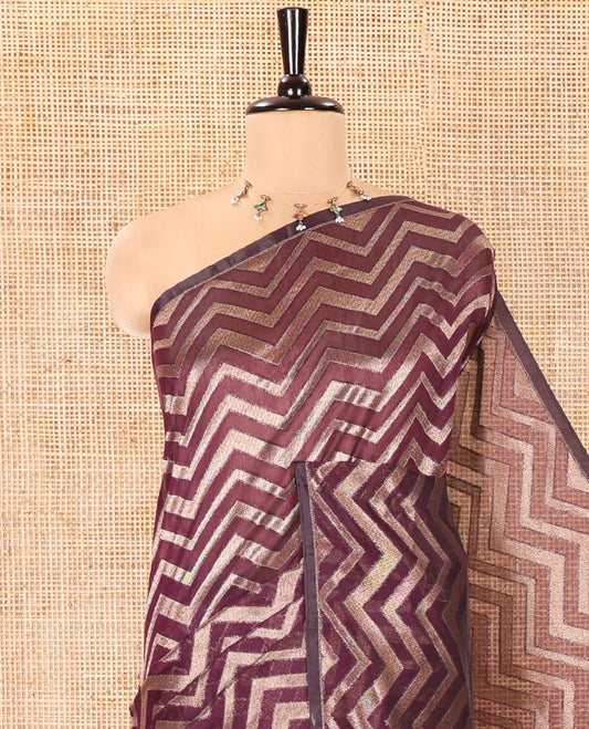 Borderless Purple Chanderi Cotton Saree, Elevated with Chevron Zari Stripes on Its Body, Complemented by Contrast Intricate Jaal Pallu, and Paired with Contrast Blouse