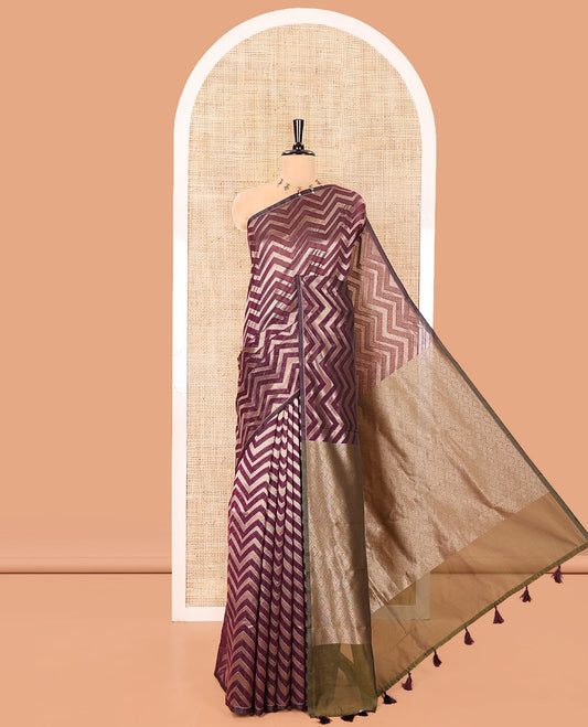 Borderless Purple Chanderi Cotton Saree, Elevated with Chevron Zari Stripes on Its Body, Complemented by Contrast Intricate Jaal Pallu, and Paired with Contrast Blouse