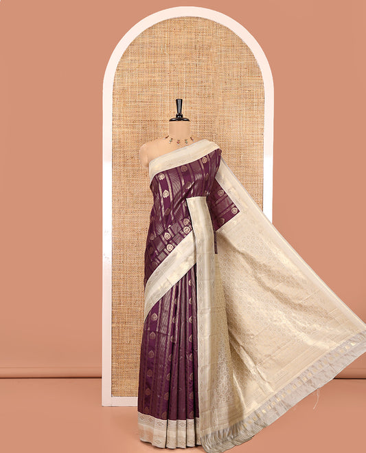 Wine Litchi Saree, Featuring Vaira Oosi Stripes and Zari Buttas on Its Body, Complemented by a Contrast Rettai Pettu Traditional Zari Design Border, an Intricately Designed Pallu, and Paired with a Contrast Blouse