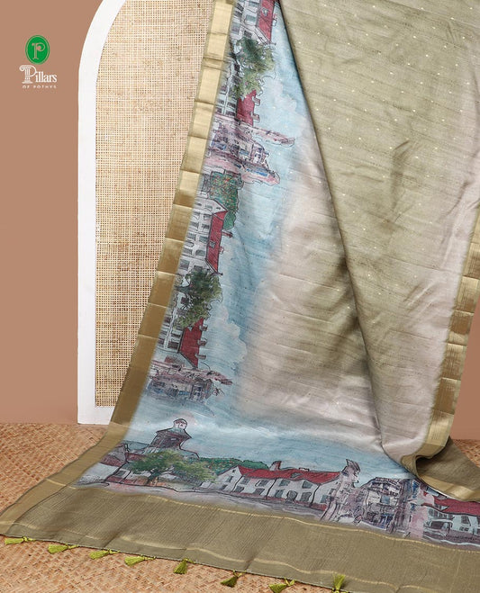 Blue digital cultural print, zari butta fancy tussar saree with bhavanji border & tissue pallu along with plain blouse