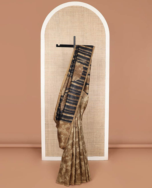 Brown striped printed silk saree with contrast border & round motifs pallu