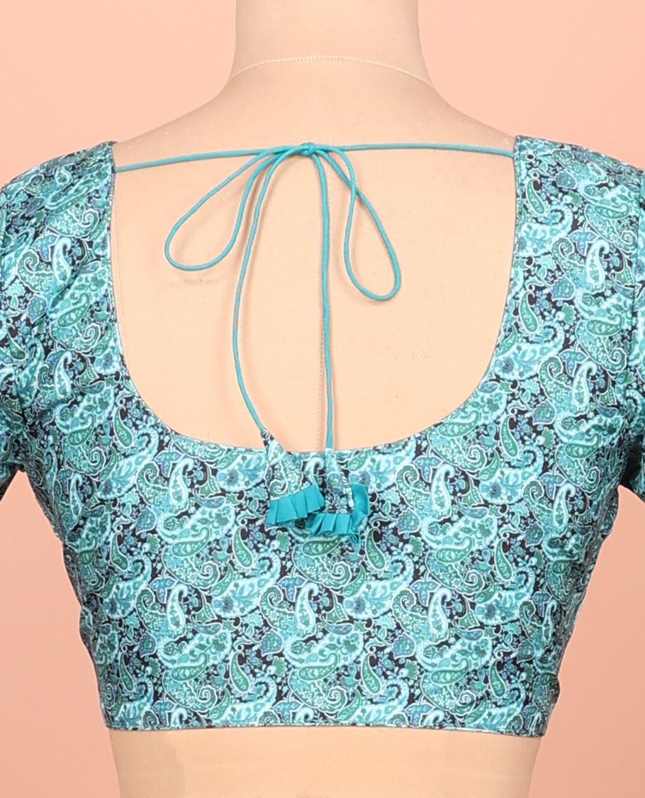 Blue Readymade Blouse Featuring Paisley Print, a Front Round-Neck, Back Round-Neck, and Elbow Sleeves