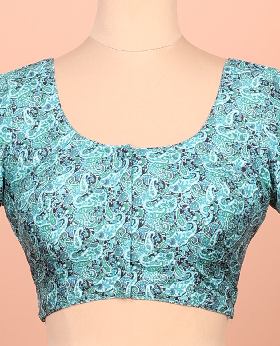 Blue Readymade Blouse Featuring Paisley Print, a Front Round-Neck, Back Round-Neck, and Elbow Sleeves