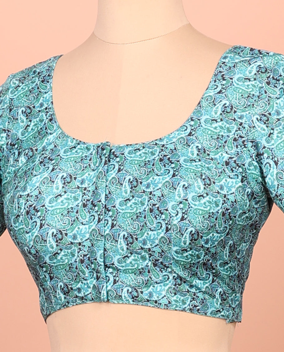 Blue Readymade Blouse Featuring Paisley Print, a Front Round-Neck, Back Round-Neck, and Elbow Sleeves