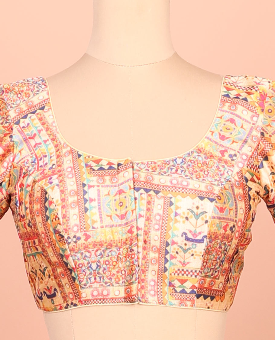 Multi-color intricately printed front-back round-neck elbow sleeve readymade blouse