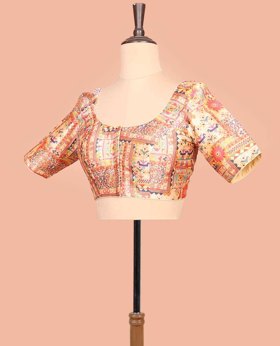 Multi-color intricately printed front-back round-neck elbow sleeve readymade blouse