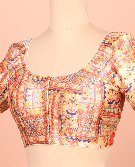 Multi-color intricately printed front-back round-neck elbow sleeve readymade blouse