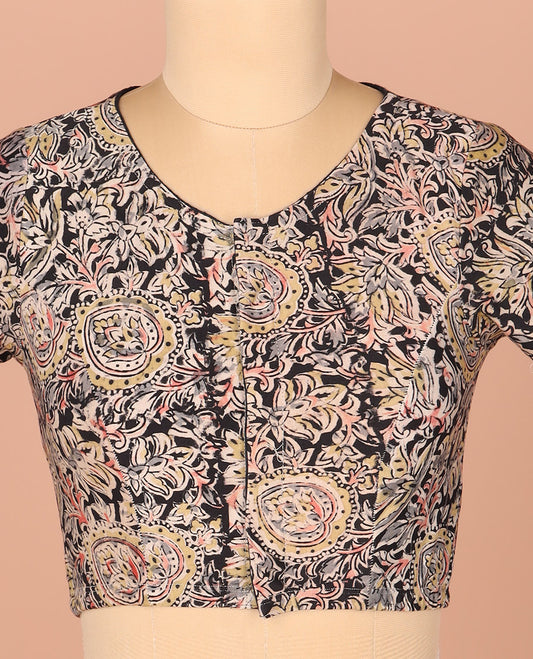 Black Readymade Blouse Decked Up with Kalamkari Floral Vine Print, Featuring Front Round-Neck, Back Closed Neck, and Elbow Sleeves