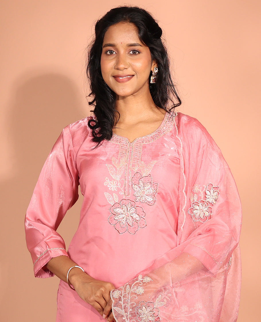 Pink Glass Fabric Readymade Suit