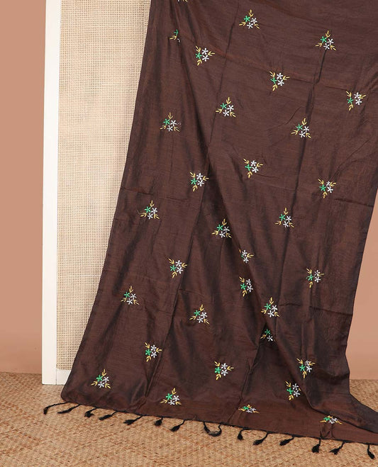 Brown Khadi Cotton Saree Ornamented with Triangle Motifs Embroidery, Pallu Spotlighted with Triangle Motifs Embroidery, and Paired with a Matching Blouse