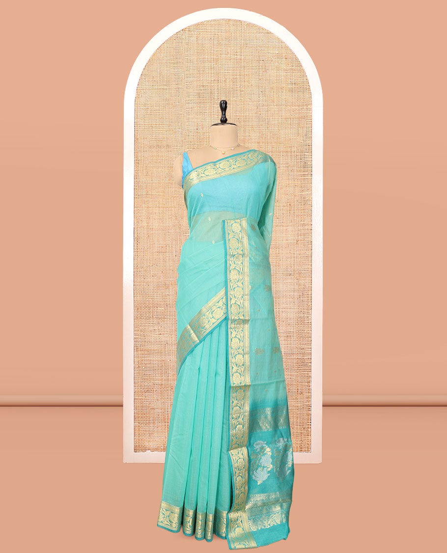 Turquoise Silk Cotton Saree, Sparsely Woven with Zari Buttas, Contrast Floral Creeper Border, Intricate Pallu, and a Contrast Blouse