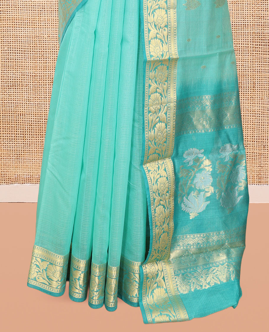 Turquoise Silk Cotton Saree, Sparsely Woven with Zari Buttas, Contrast Floral Creeper Border, Intricate Pallu, and a Contrast Blouse