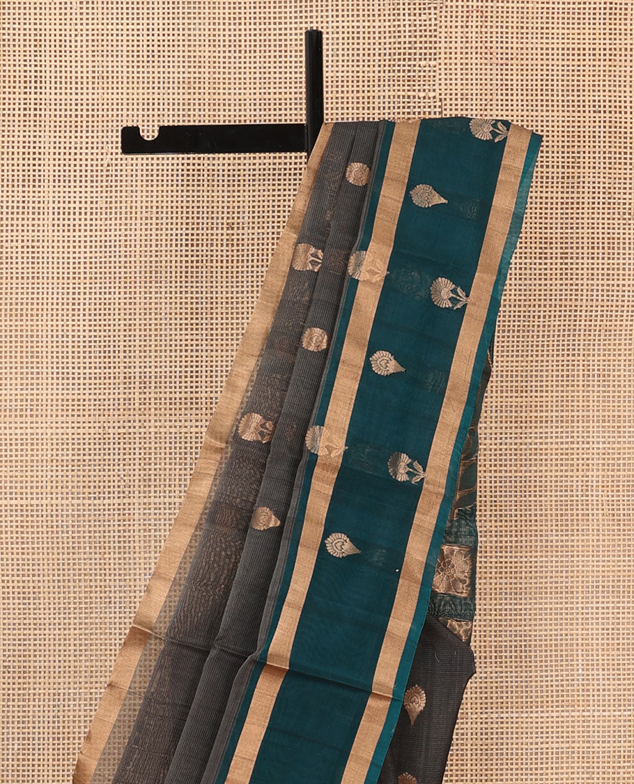 Grey floral zari buttas silk cotton saree, contrast zari buttas woven border, and pallu of floral and leaf motifs