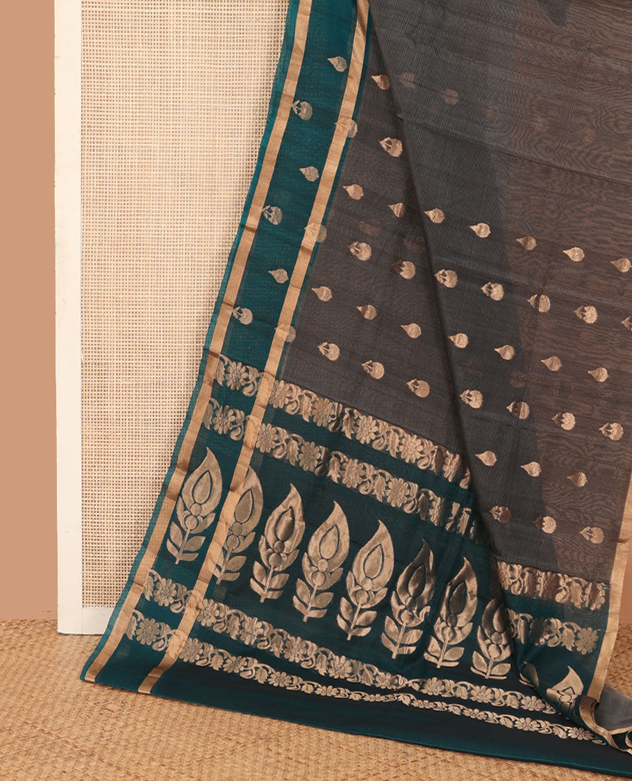 Grey floral zari buttas silk cotton saree, contrast zari buttas woven border, and pallu of floral and leaf motifs