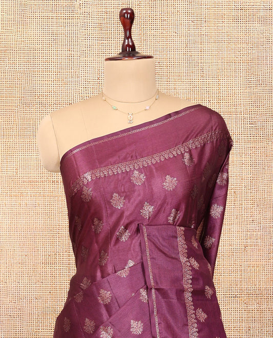 Brown Tussar Silk Saree Features Zari Buttas, a Zari Border, Intricately Designed Pallu, and a Matching Blouse