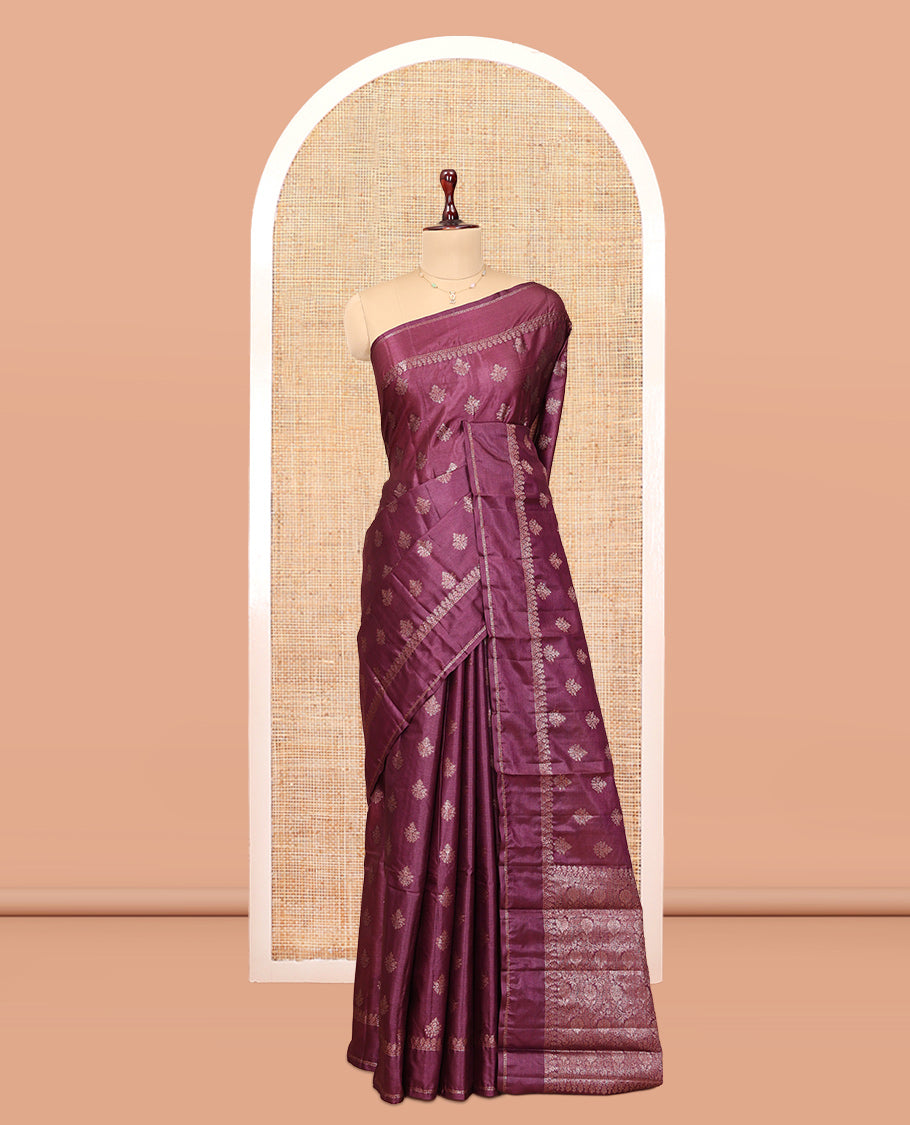 Brown Tussar Silk Saree Features Zari Buttas, a Zari Border, Intricately Designed Pallu, and a Matching Blouse