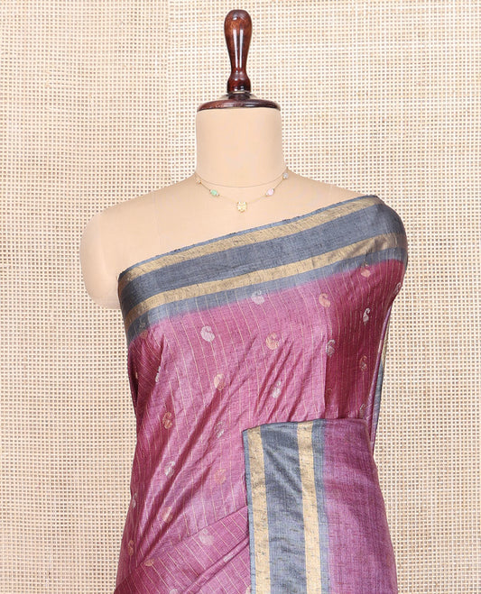 Purple Tussar Silk Saree, Subtly Sparkled with Stripes and Paisley Buttas on Its Body, Complemented by Contrast Border, Pallu Features Jaal Designs, and Paired with a Contrast Blouse