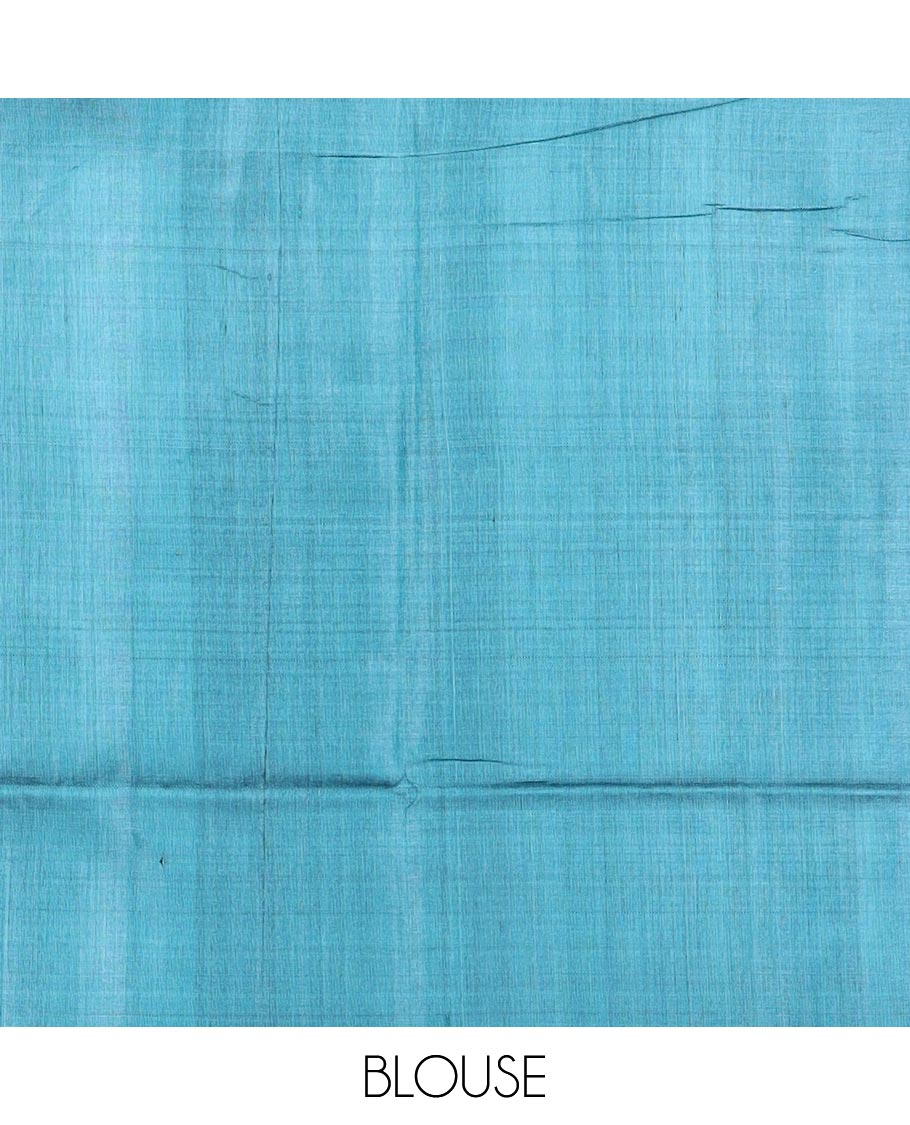 Peacock blue striped tussar silk saree, plain border and zari checked pallu