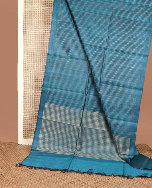 Peacock blue striped tussar silk saree, plain border and zari checked pallu