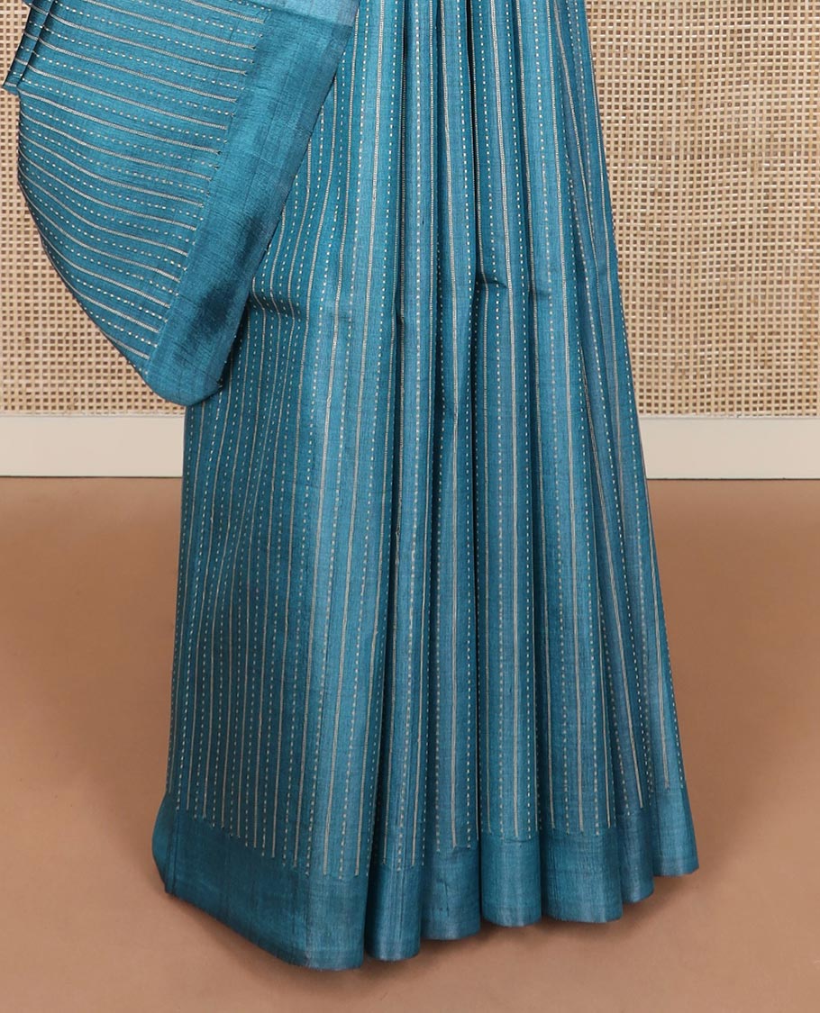 Peacock blue striped tussar silk saree, plain border and zari checked pallu