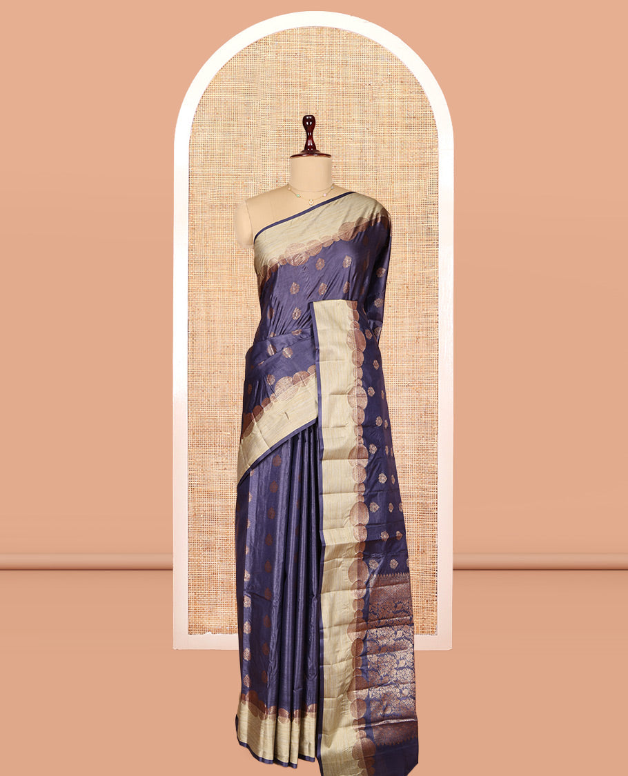 Navy Blue Tusser Silk Saree, Accentuated with Zari Buttas, a Contrast Zari Border, Grandly Decked Up Pallu, and a Matching Blouse