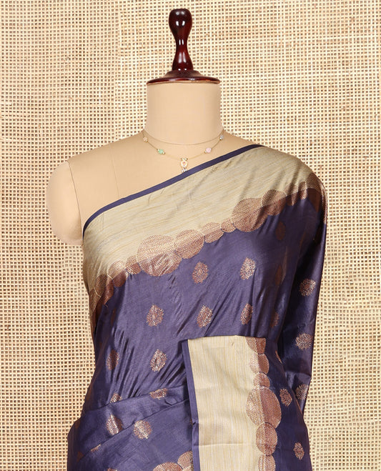 Navy Blue Tusser Silk Saree, Accentuated with Zari Buttas, a Contrast Zari Border, Grandly Decked Up Pallu, and a Matching Blouse