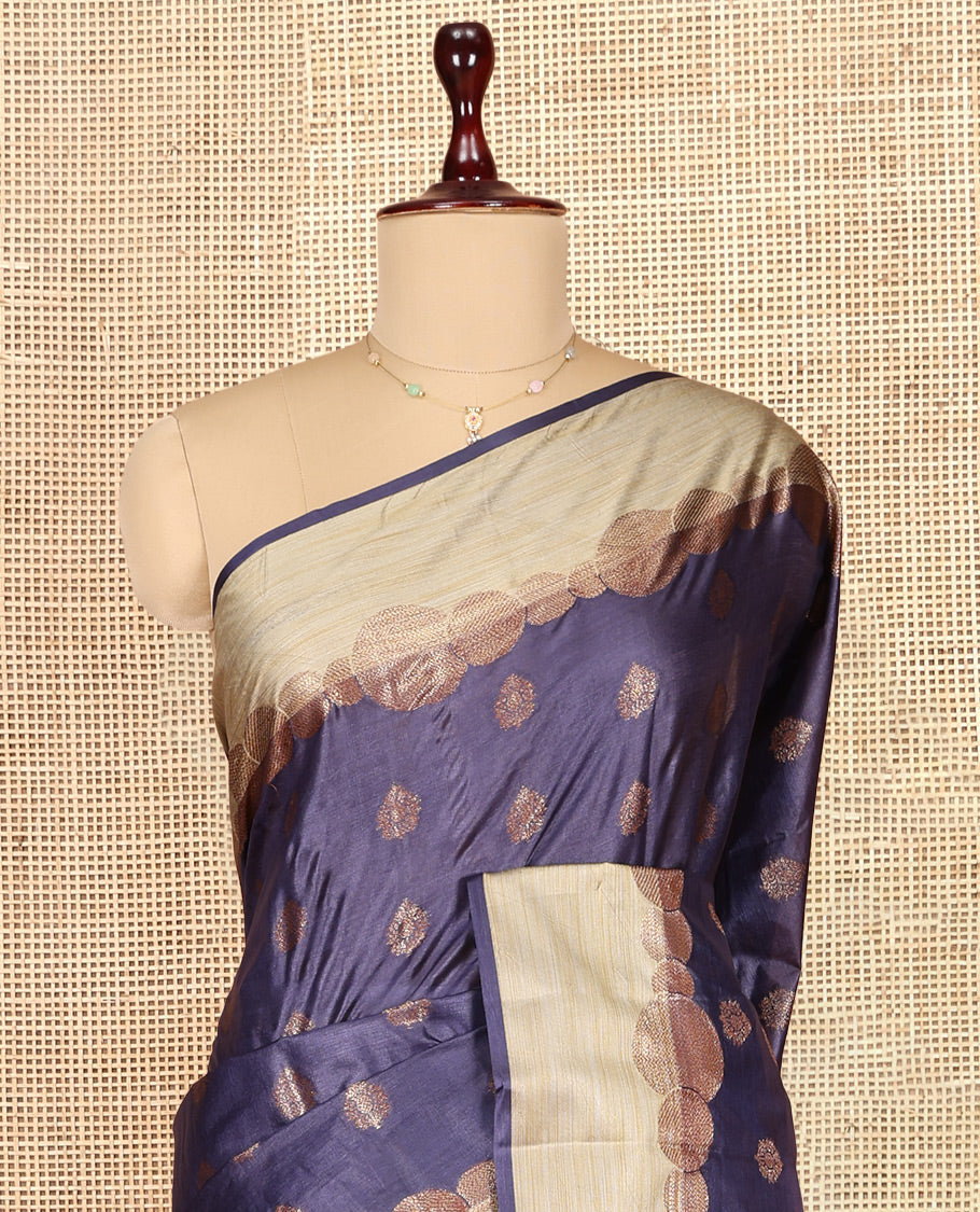 Navy Blue Tusser Silk Saree, Accentuated with Zari Buttas, a Contrast Zari Border, Grandly Decked Up Pallu, and a Matching Blouse