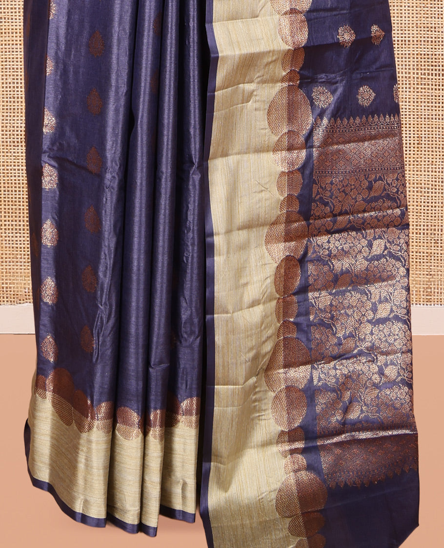 Navy Blue Tusser Silk Saree, Accentuated with Zari Buttas, a Contrast Zari Border, Grandly Decked Up Pallu, and a Matching Blouse