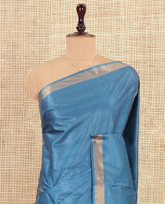 Blue Tussar Saree, Crafted with Buttas, a Piping Border, Floral Vine-Woven Pallu, and a Matching Blouse