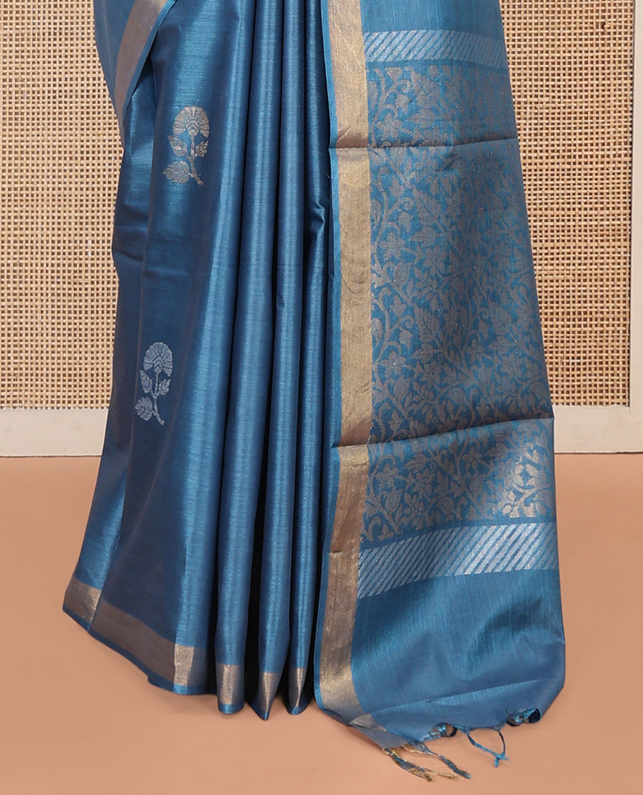 Blue Tussar Saree, Crafted with Buttas, a Piping Border, Floral Vine-Woven Pallu, and a Matching Blouse