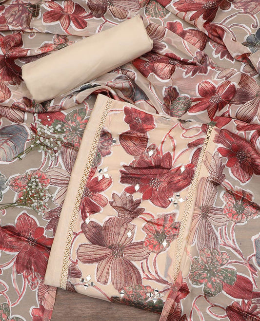 Cream material chudidar set, floral patch embroidered with mirror work top, plain bottom and floral printed dupatta