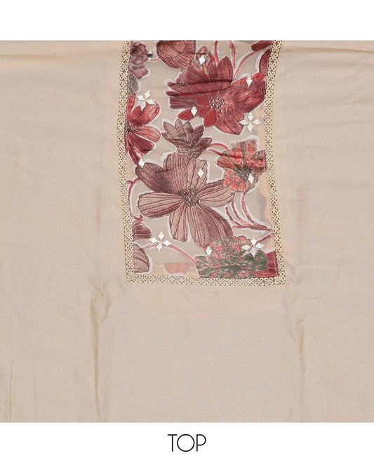 Cream material chudidar set, floral patch embroidered with mirror work top, plain bottom and floral printed dupatta