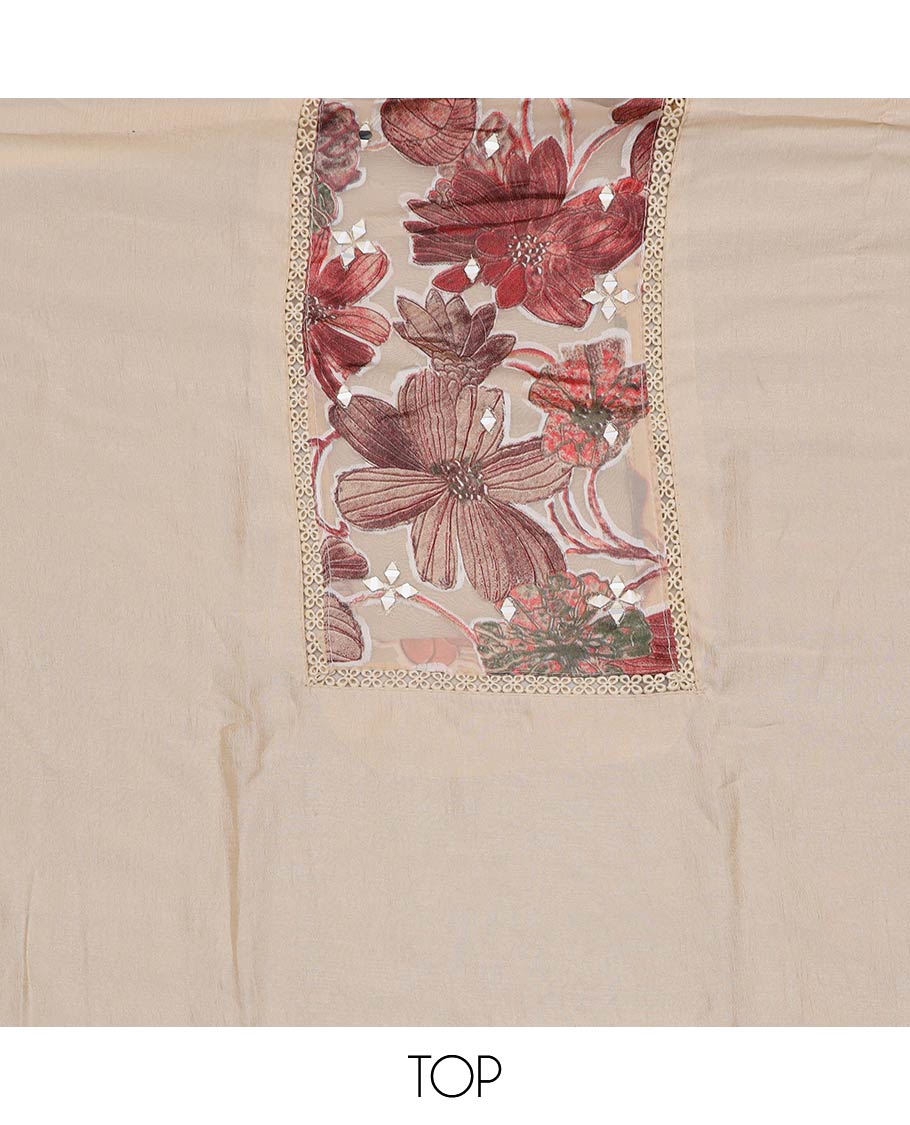 Cream material chudidar set, floral patch embroidered with mirror work top, plain bottom and floral printed dupatta