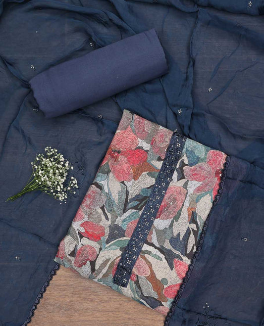 Blue chudidhar material set floral printed with sequins embroidery top, plain bottom & floral motif sequins embroidery scallop border dupatta