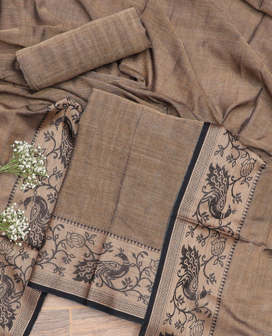 Light brown floral, peacock design chudidhar material top with plain bottom & plain, zari design border dupatta