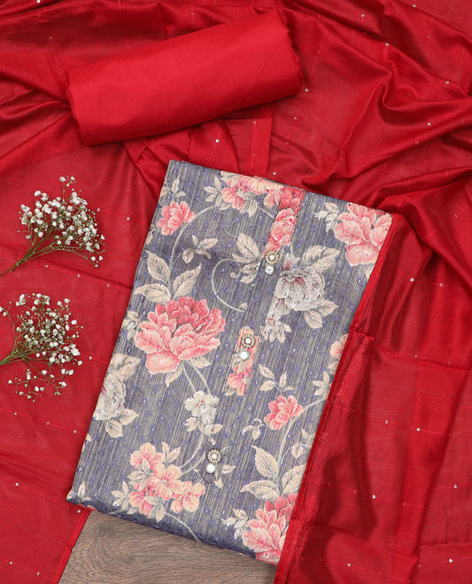 Blue-grey material chudidar set, rose  print with thread embroidered top, contrast bottom and sequins striped dupatta