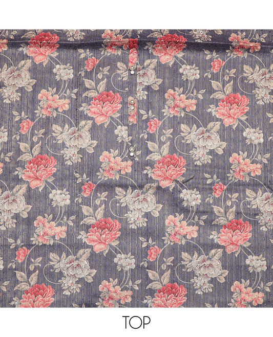 Blue-grey material chudidar set, rose  print with thread embroidered top, contrast bottom and sequins striped dupatta