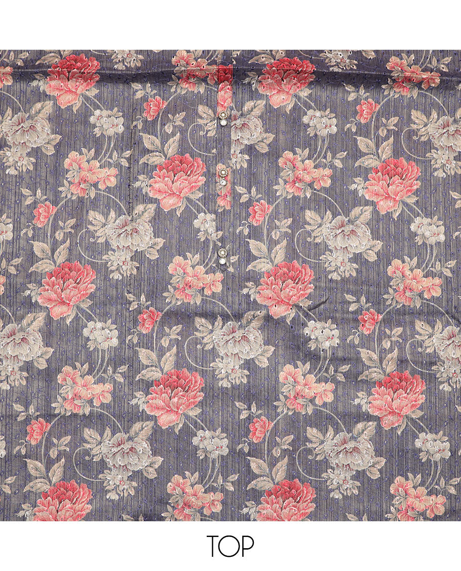 Blue-grey material chudidar set, rose  print with thread embroidered top, contrast bottom and sequins striped dupatta