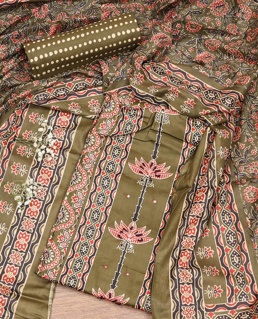 Green Material Chudidar Set, Artfully Detailed with Ajrakh Printed Cotton Top, Complemented by Printed Cotton  Bottom, and Paired with Floral Printed Cotton Dupatta
