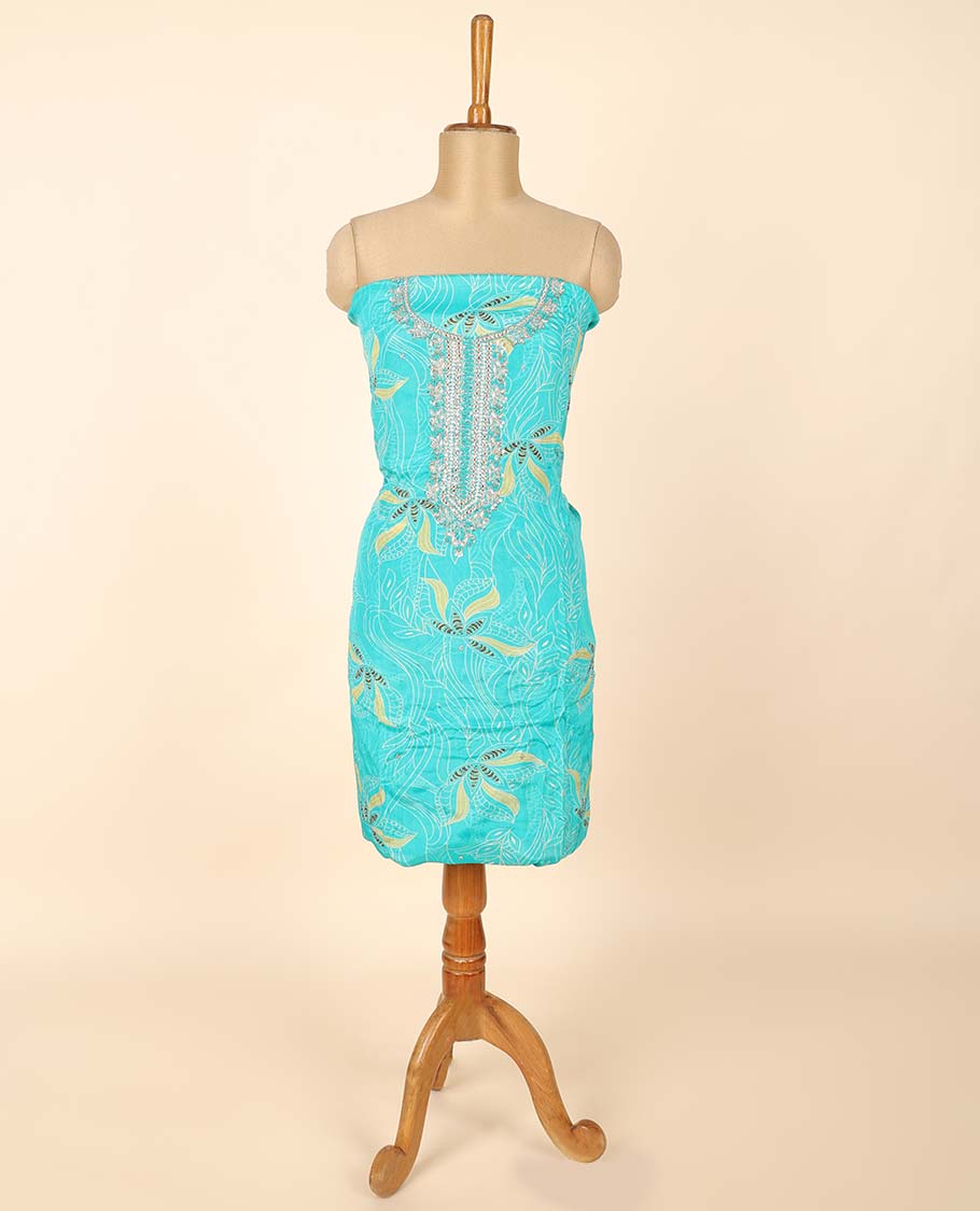 Blue material chudidhar set, floral print & embroidered top, plain bottom & sequins embroidered dupatta