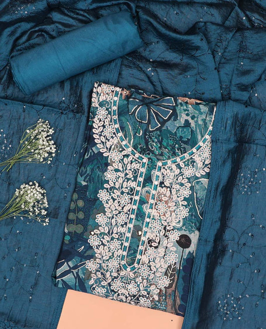 Blue floral printed chudidhar material set floral thread embroidered top, plain bottom & sequins embroidered dupatta