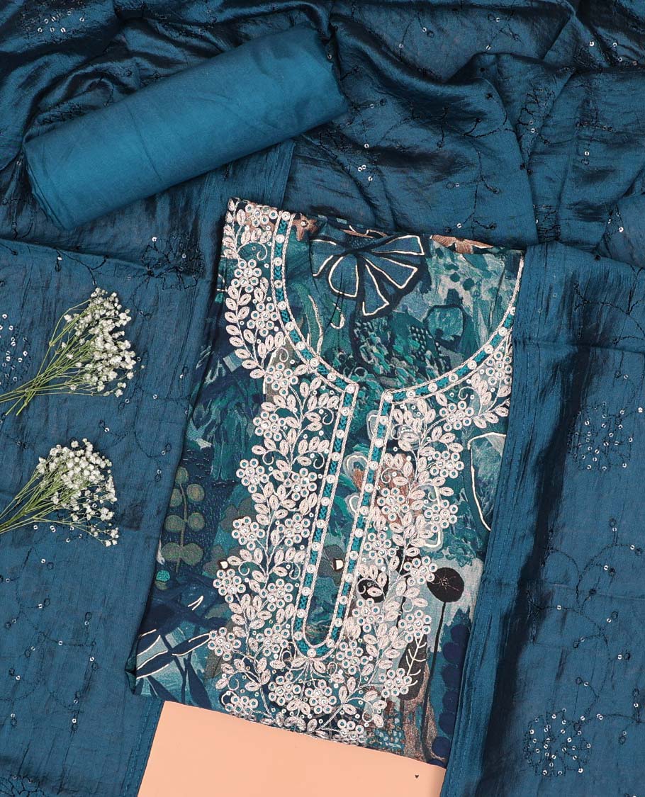 Blue floral printed chudidhar material set floral thread embroidered top, plain bottom & sequins embroidered dupatta