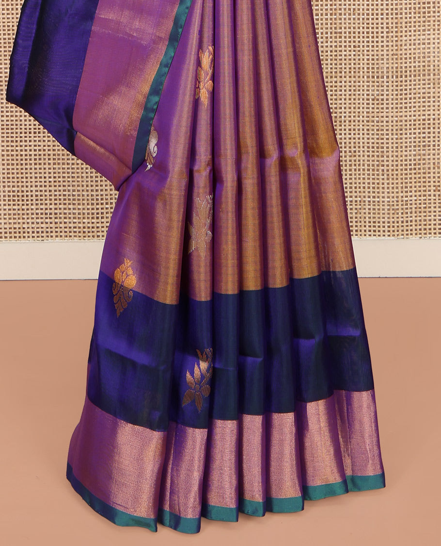 Purple-Mustard Dual-Tone Uppada Silk Saree, Accentuated with Zari Buttas on Its Body, Complemented by a Contrast Plain Border, Pallu Steeped with Zari Buttas, and Paired with a Contrast Blouse