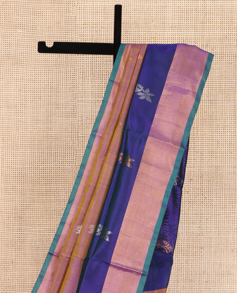Purple-Mustard Dual-Tone Uppada Silk Saree, Accentuated with Zari Buttas on Its Body, Complemented by a Contrast Plain Border, Pallu Steeped with Zari Buttas, and Paired with a Contrast Blouse