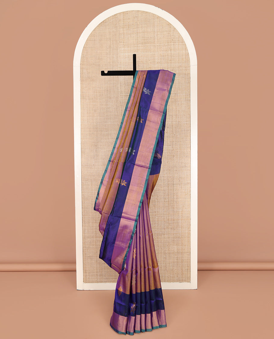 Purple-Mustard Dual-Tone Uppada Silk Saree, Accentuated with Zari Buttas on Its Body, Complemented by a Contrast Plain Border, Pallu Steeped with Zari Buttas, and Paired with a Contrast Blouse