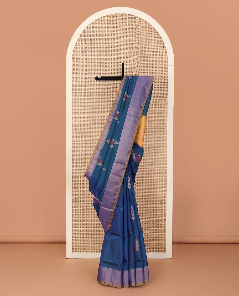 Blue zari buttas Uppada saree, contrast bavanji border, and jaal pallu