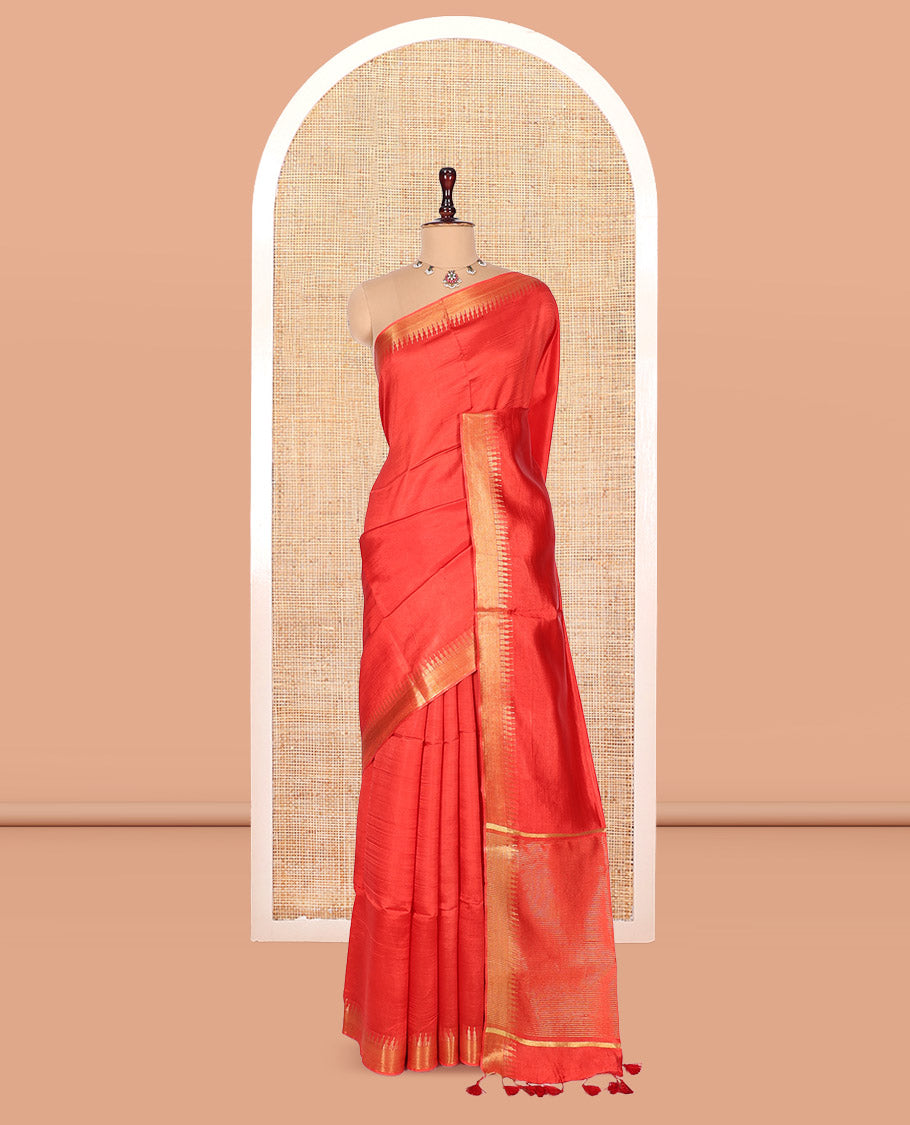 Red Plain Banana Pith Saree, a Zari Temple Border, Striped Pallu, and Matching Blouse