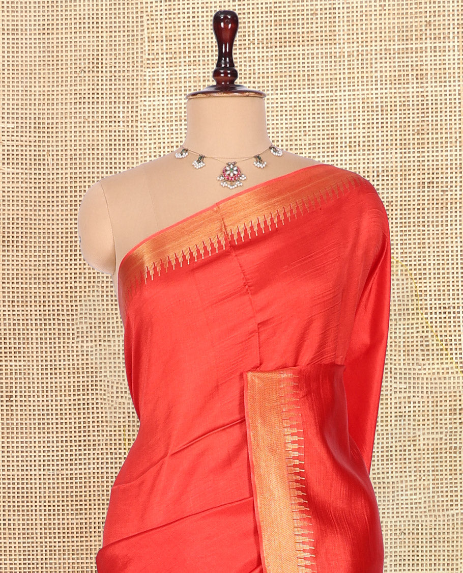 Red Plain Banana Pith Saree, a Zari Temple Border, Striped Pallu, and Matching Blouse