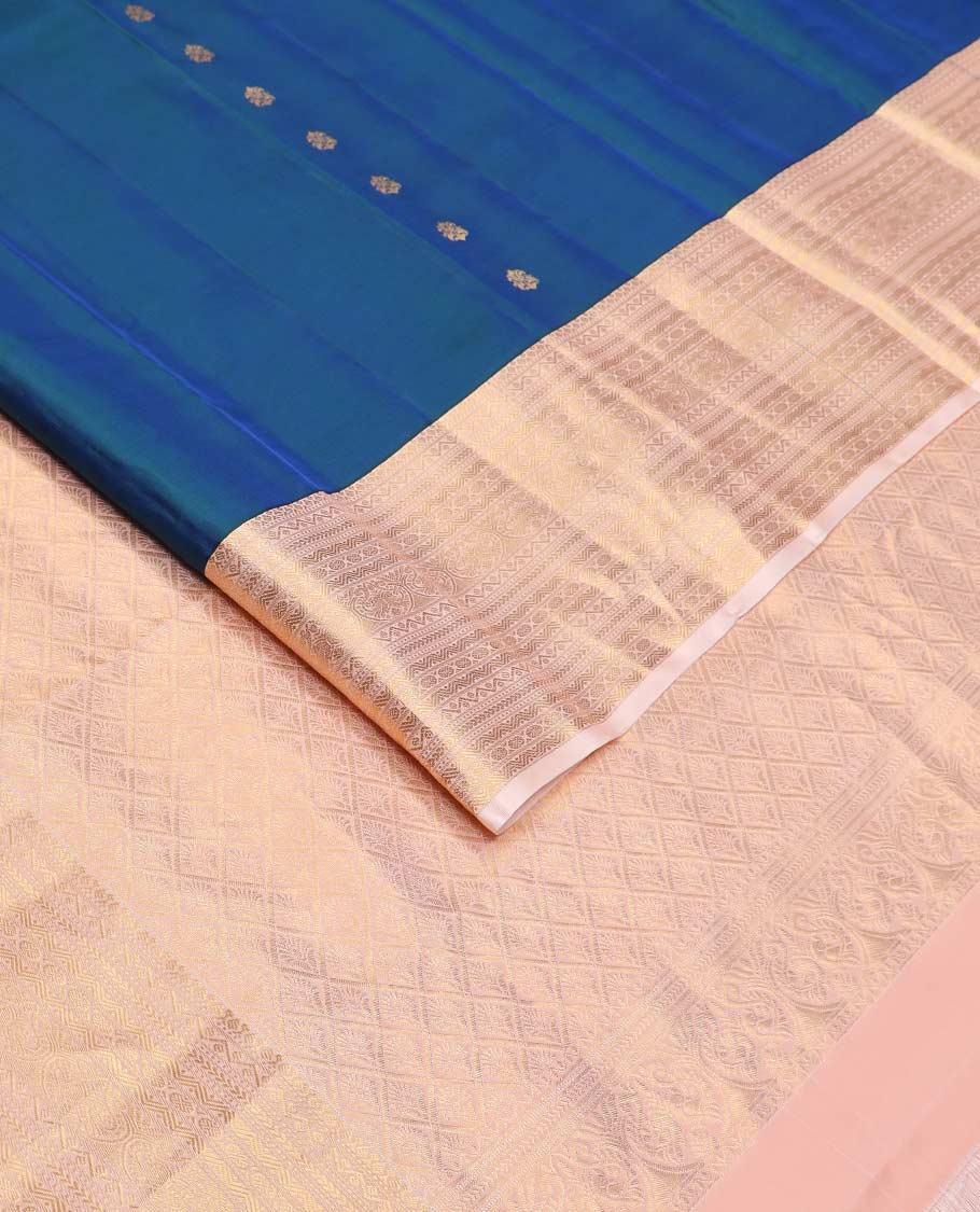 Blue zari buttas Vasundhara silk mix saree, contrast border of muthu, kathir, neli, rettai neli, rudraksham, and mayil designs, and jaal pallu